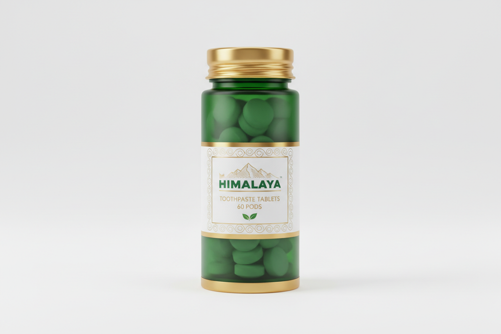 create a high quality premium bottle for Himalayan toothpaste tablets showing 60 pods in it. colors preferred is green and gold