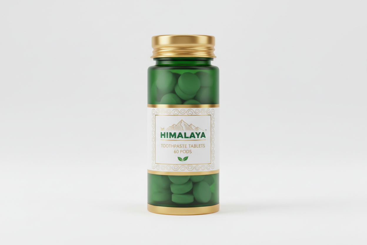 create a high quality premium bottle for Himalayan toothpaste tablets showing 60 pods in it. colors preferred is green and gold